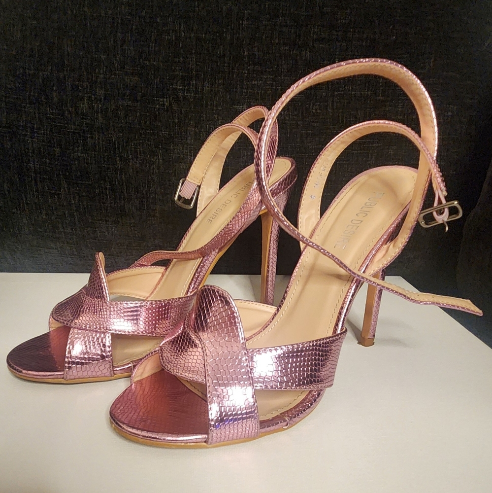 Public Desire Pink Crocc embossed sandals